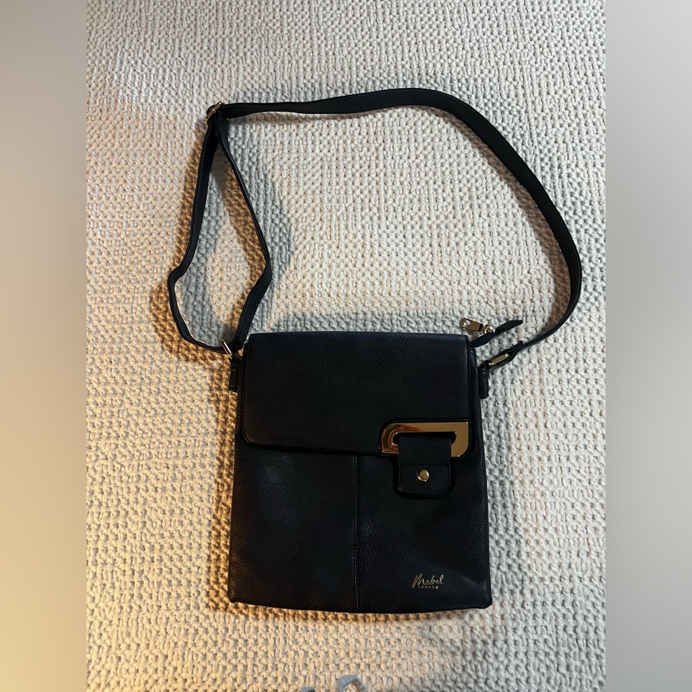 Mabel London Navy Blue Leather Crossbody Gold Accents Bag Purse